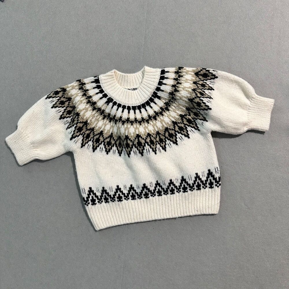 Christian Lacroix Fair Isle Sweater Small S Ivory Knit Short Wide Sleeve Nordic